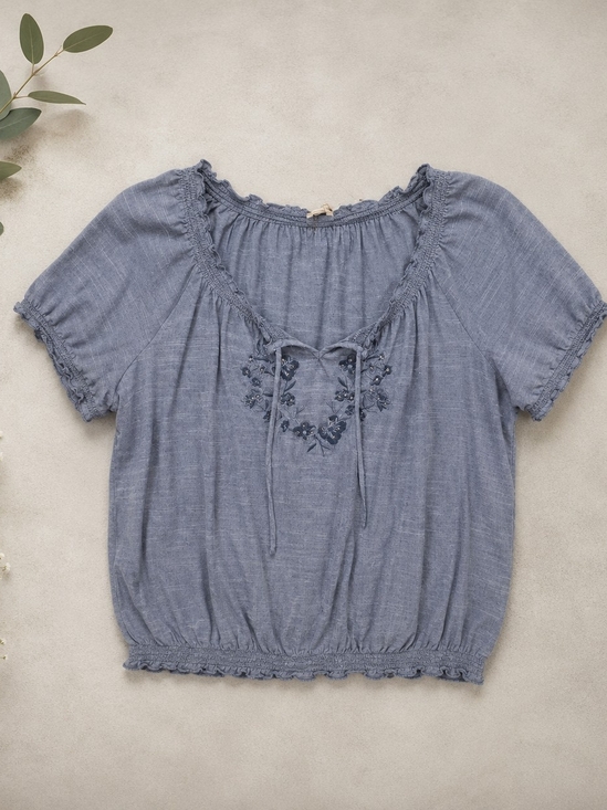 Tops - Blue Embroidered Peasant Blouse Boho Cottagecore Top